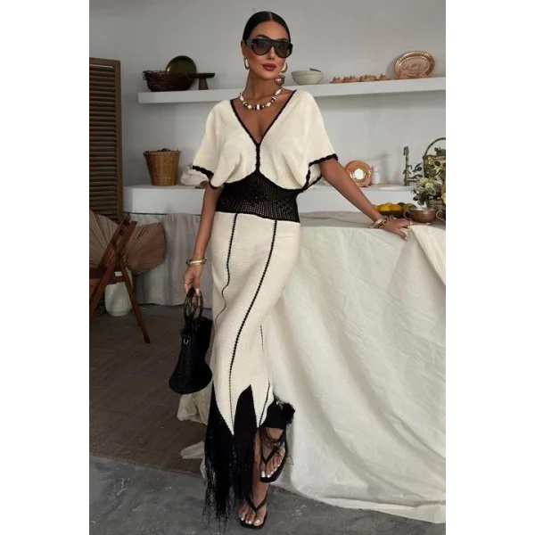 Dantel Desenli V Yaka Triko Elbise 2844