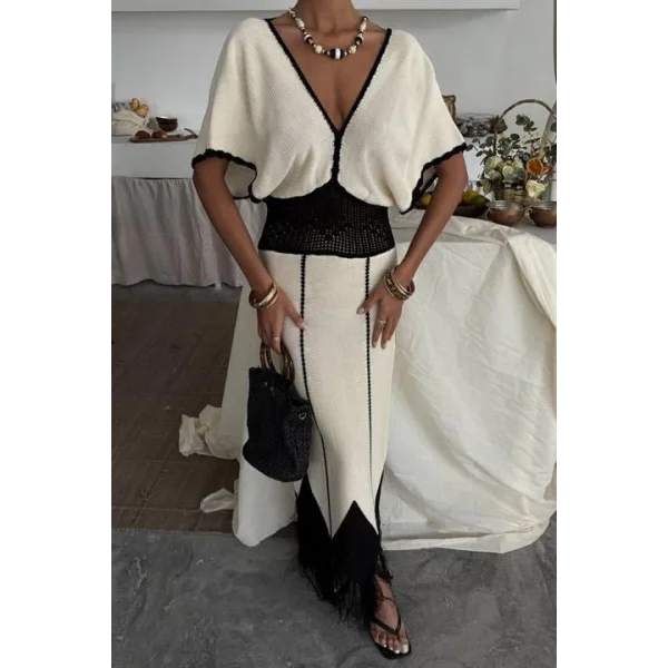 Dantel Desenli V Yaka Triko Elbise 2844