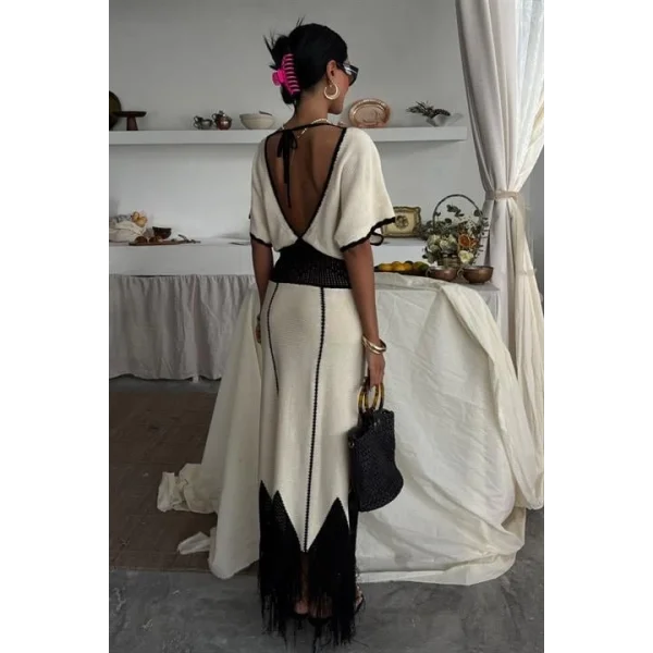 Dantel Desenli V Yaka Triko Elbise 2844