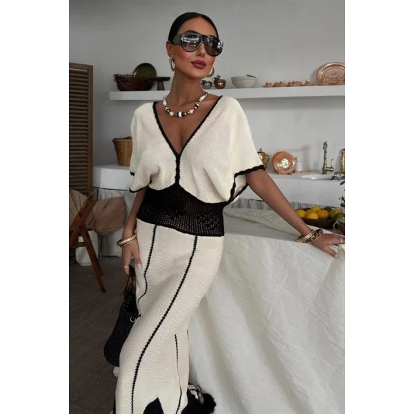 Dantel Desenli V Yaka Triko Elbise 2844