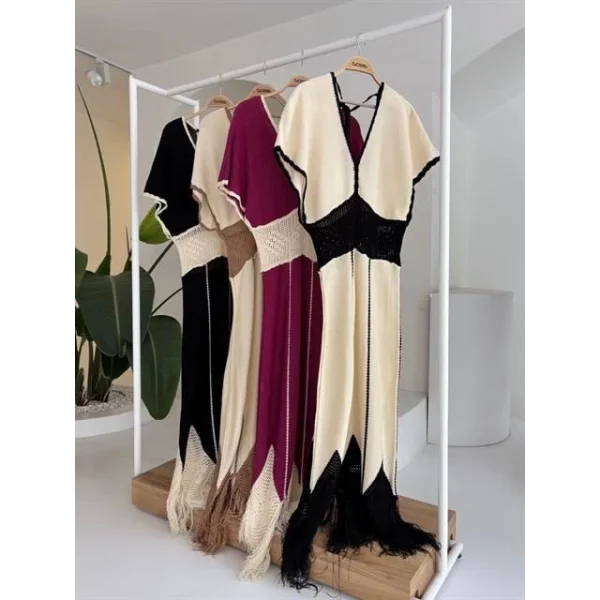 Dantel Desenli V Yaka Triko Elbise 2844