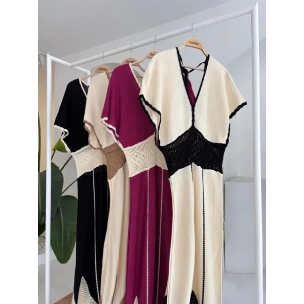 Dantel Desenli V Yaka Triko Elbise 2844