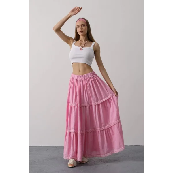 Dantel Detaylı Etek - Pembe