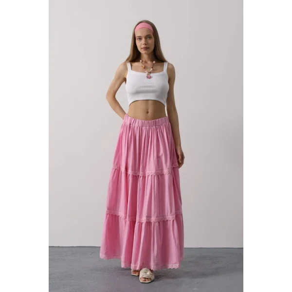 Dantel Detaylı Etek - Pembe