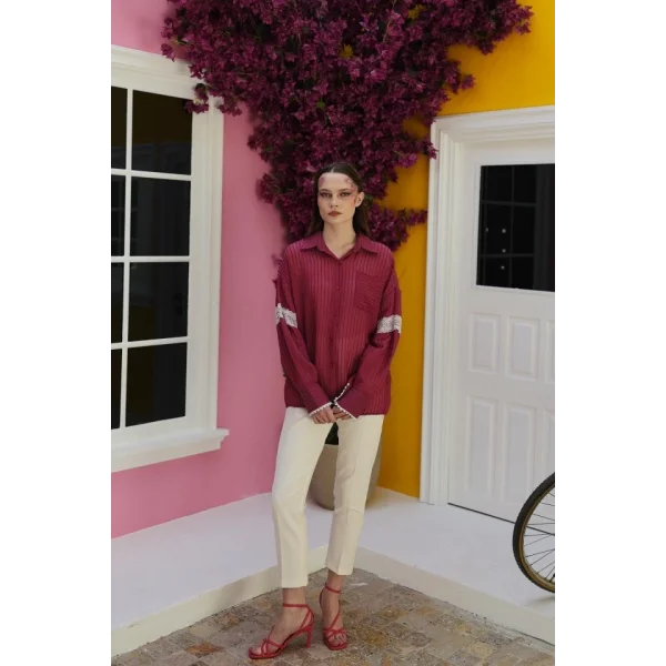 Dantel Detaylı Gömlek  Vişne