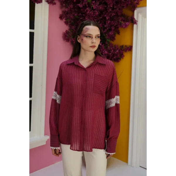 Dantel Detaylı Gömlek  Vişne