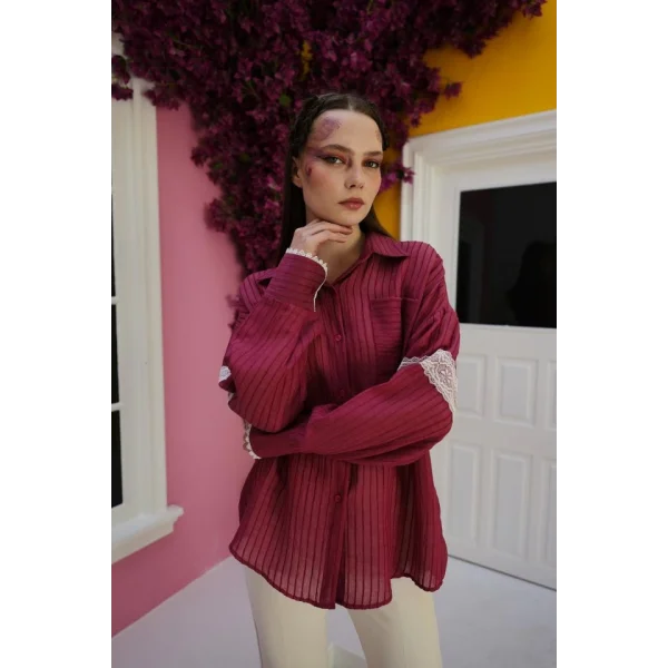 Dantel Detaylı Gömlek  Vişne