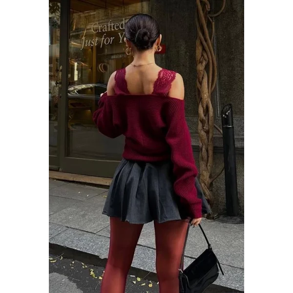 Dantel Detaylı Kruvaze Triko Kazak 1360