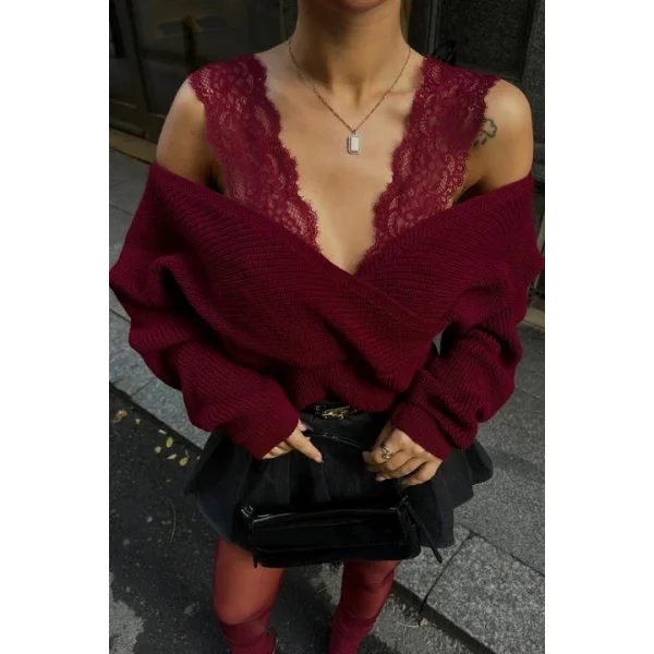 Dantel Detaylı Kruvaze Triko Kazak 1360