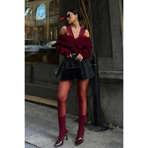 Dantel Detaylı Kruvaze Triko Kazak 1360