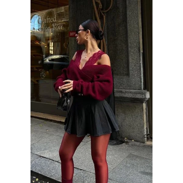 Dantel Detaylı Kruvaze Triko Kazak 1360