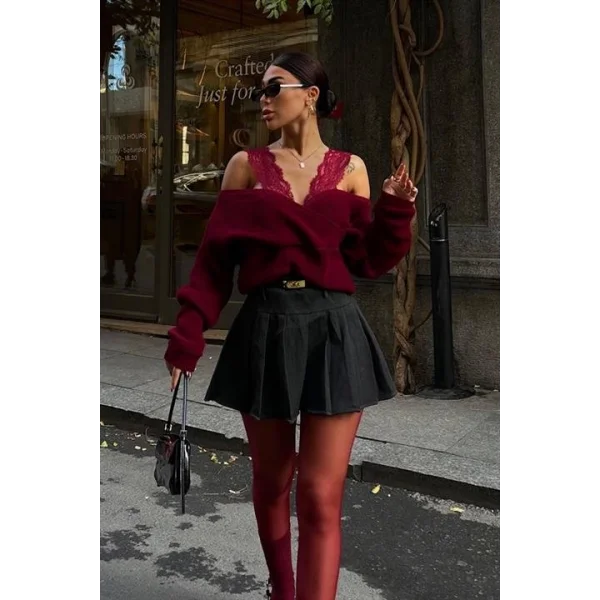 Dantel Detaylı Kruvaze Triko Kazak 1360