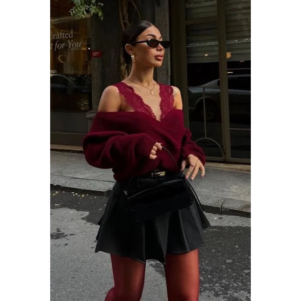 Dantel Detaylı Kruvaze Triko Kazak 1360