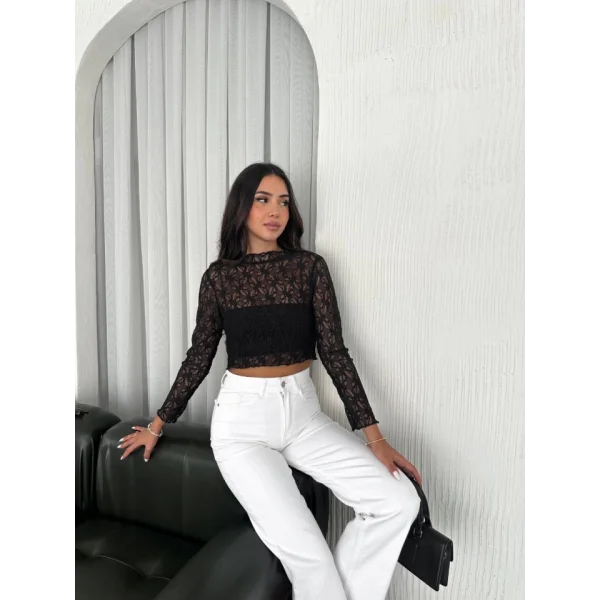Dantel Uzun Kol Bluz- Siyah