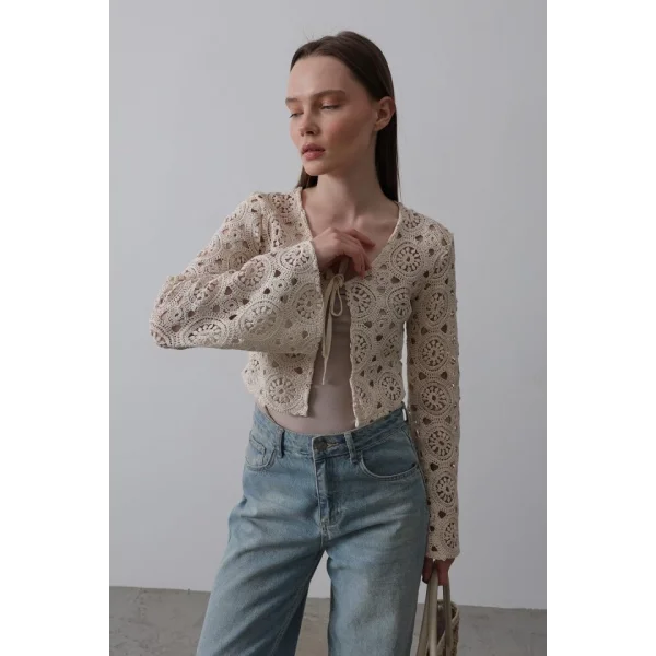 Dantelli Önü Bağlamalı Bluz - Natür