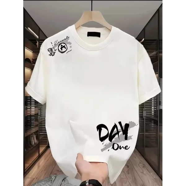 Day One Baskılı Oversize Bisiklet Yaka T-shirt - Beyaz