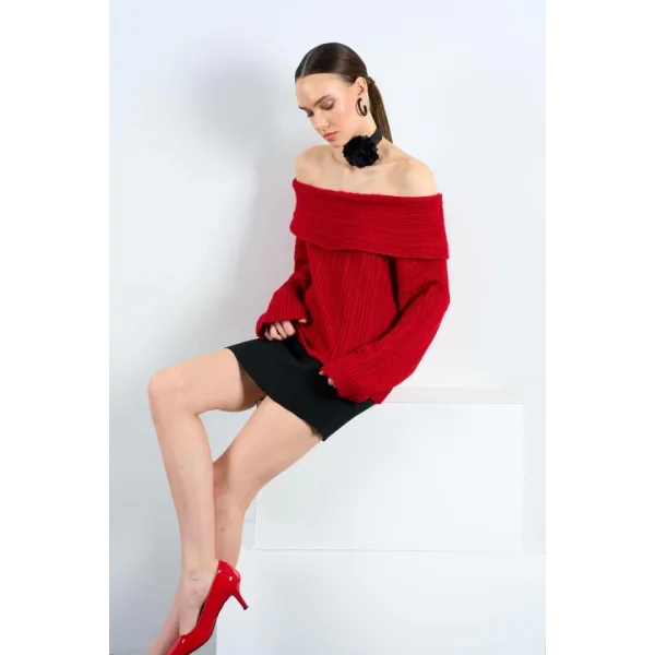 Degaje Yaka Fitilli Kazak  Kırmızı