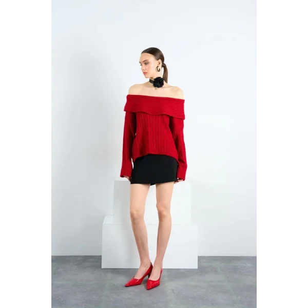 Degaje Yaka Fitilli Kazak  Kırmızı