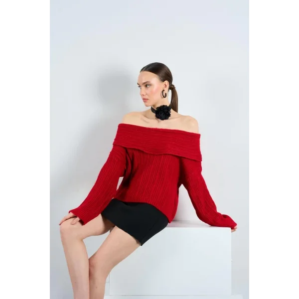 Degaje Yaka Fitilli Kazak  Kırmızı