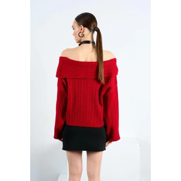 Degaje Yaka Fitilli Kazak  Kırmızı