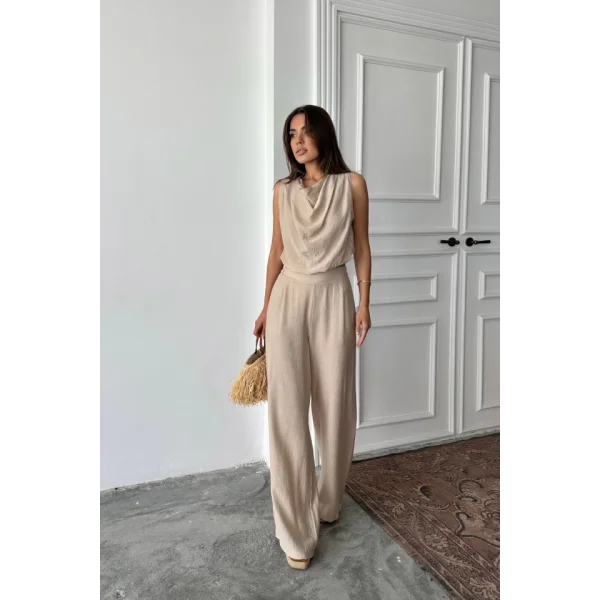 DEGAJE YAKA KOLSUZ BLUZ - PANTOLON TAKIM - Bej