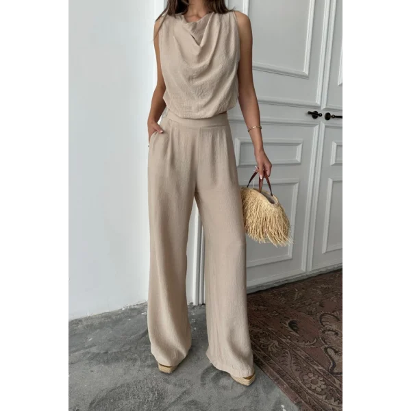 DEGAJE YAKA KOLSUZ BLUZ - PANTOLON TAKIM - Bej