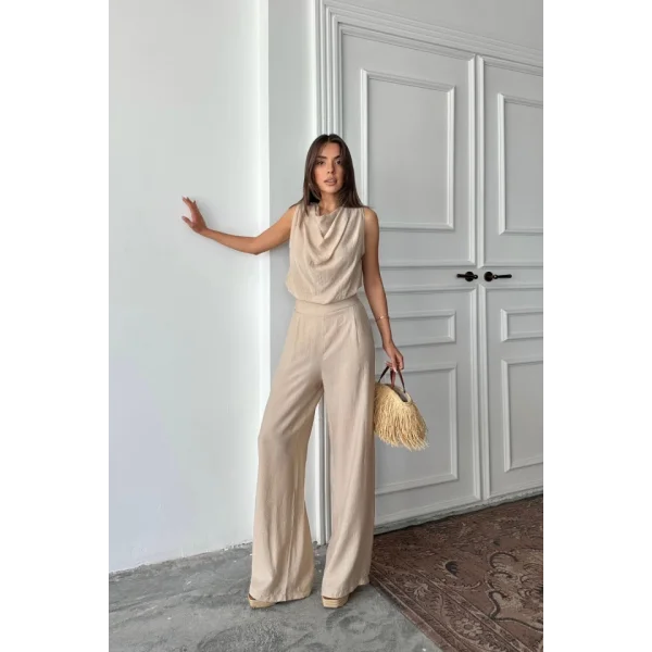 DEGAJE YAKA KOLSUZ BLUZ - PANTOLON TAKIM - Bej