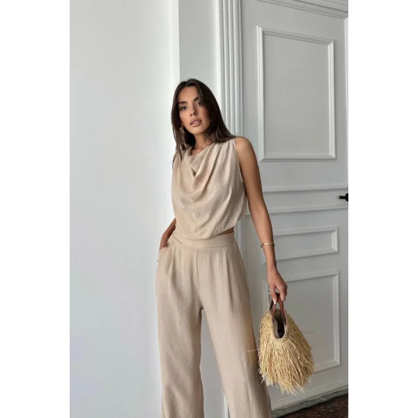 DEGAJE YAKA KOLSUZ BLUZ - PANTOLON TAKIM - Bej