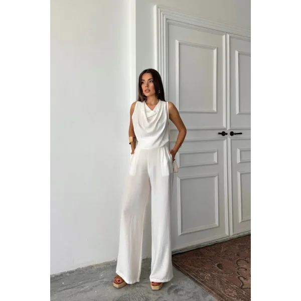 DEGAJE YAKA KOLSUZ BLUZ - PANTOLON TAKIM - Beyaz