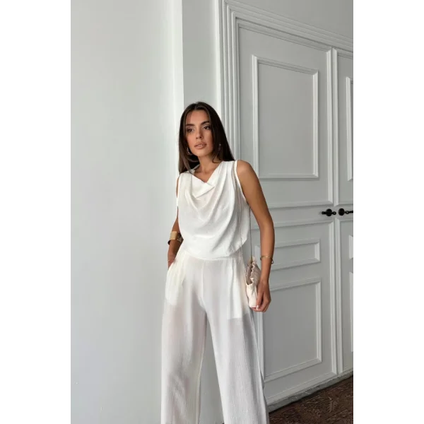 DEGAJE YAKA KOLSUZ BLUZ - PANTOLON TAKIM - Beyaz