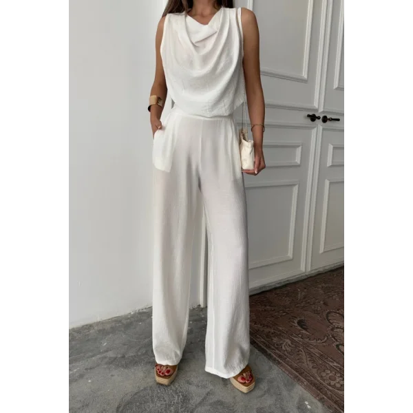 DEGAJE YAKA KOLSUZ BLUZ - PANTOLON TAKIM - Beyaz