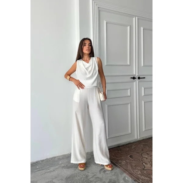 DEGAJE YAKA KOLSUZ BLUZ - PANTOLON TAKIM - Beyaz