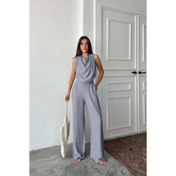 DEGAJE YAKA KOLSUZ BLUZ - PANTOLON TAKIM - Gri