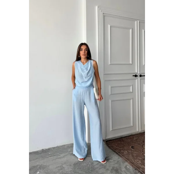 DEGAJE YAKA KOLSUZ BLUZ - PANTOLON TAKIM - Mavi