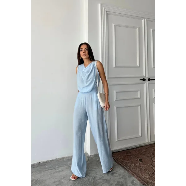 DEGAJE YAKA KOLSUZ BLUZ - PANTOLON TAKIM - Mavi