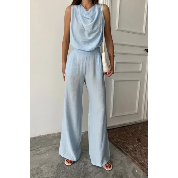 DEGAJE YAKA KOLSUZ BLUZ - PANTOLON TAKIM - Mavi