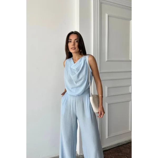 DEGAJE YAKA KOLSUZ BLUZ - PANTOLON TAKIM - Mavi