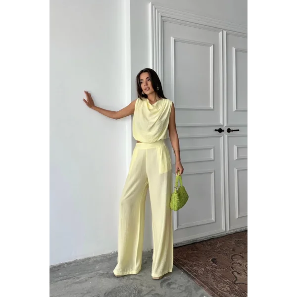 DEGAJE YAKA KOLSUZ BLUZ - PANTOLON TAKIM - Sarı