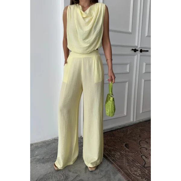 DEGAJE YAKA KOLSUZ BLUZ - PANTOLON TAKIM - Sarı