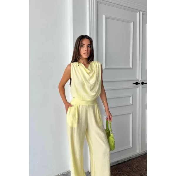 DEGAJE YAKA KOLSUZ BLUZ - PANTOLON TAKIM - Sarı