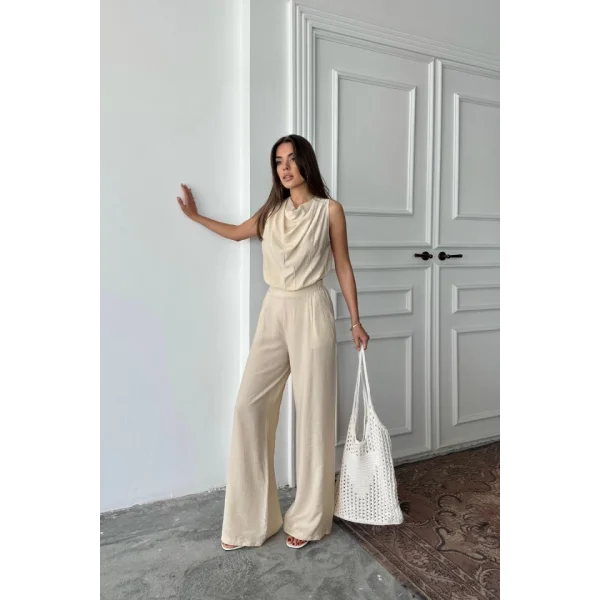 DEGAJE YAKA KOLSUZ BLUZ - PANTOLON TAKIM - Taş