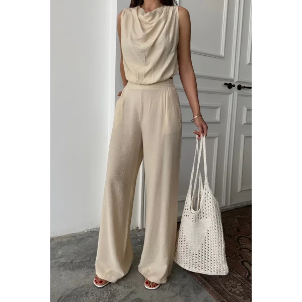 DEGAJE YAKA KOLSUZ BLUZ - PANTOLON TAKIM - Taş