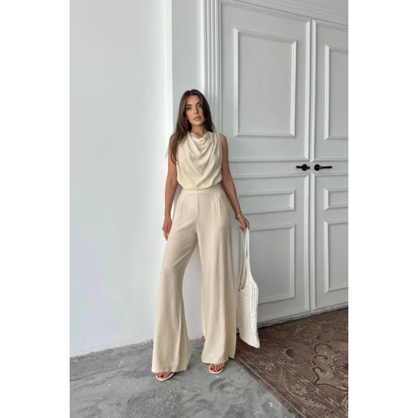 DEGAJE YAKA KOLSUZ BLUZ - PANTOLON TAKIM - Taş