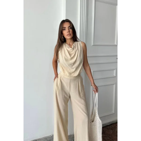 DEGAJE YAKA KOLSUZ BLUZ - PANTOLON TAKIM - Taş