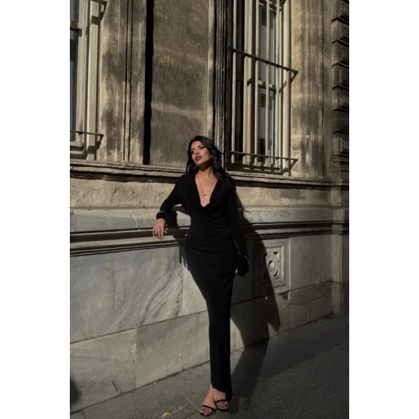 DEGAJE YAKA UZUN ELBİSE - Siyah