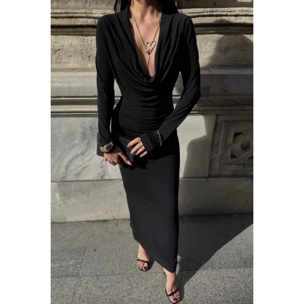 DEGAJE YAKA UZUN ELBİSE - Siyah