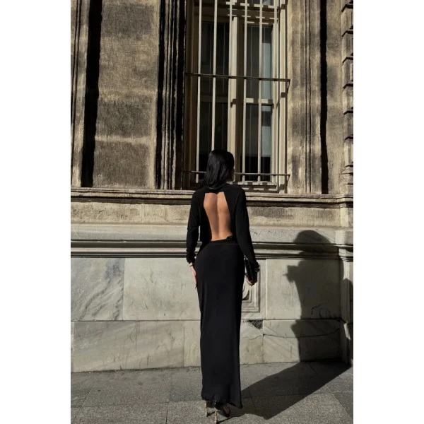 DEGAJE YAKA UZUN ELBİSE - Siyah