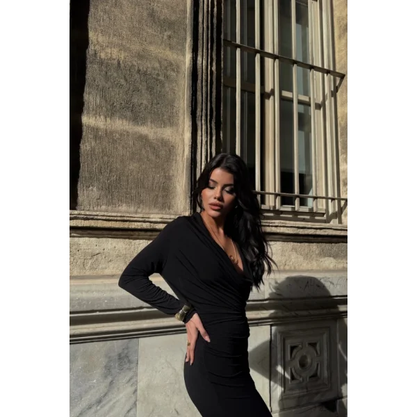 DEGAJE YAKA UZUN ELBİSE - Siyah