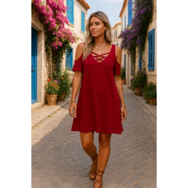 Dekolteli Bağcık Detay Viskon Kumaş Elbise