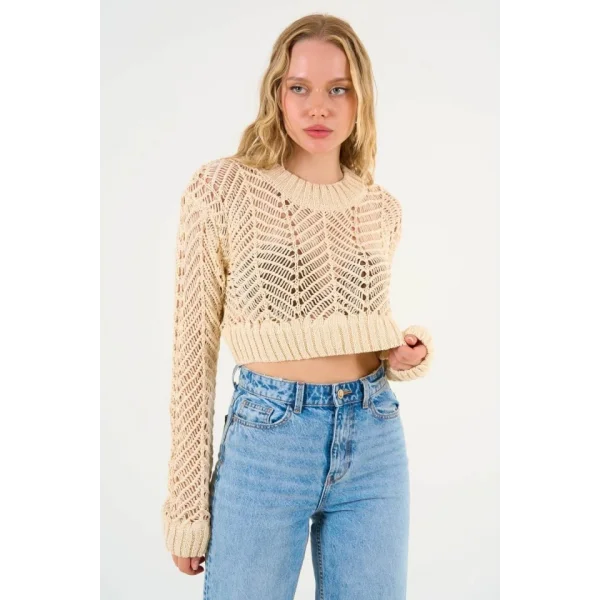 Delikli Triko Kazak  Ekru